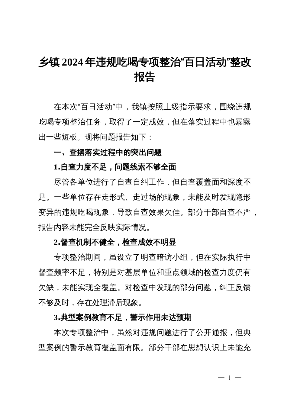 乡镇2024年违规吃喝专项整治“百日活动”整改报告_第1页