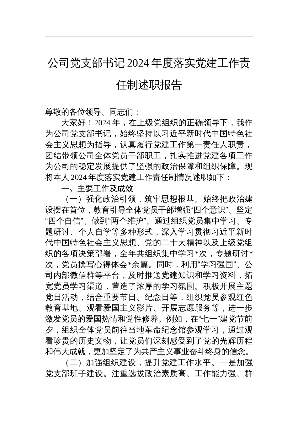 公司党支部书记2024年度落实党建工作责任制述职报告_第1页