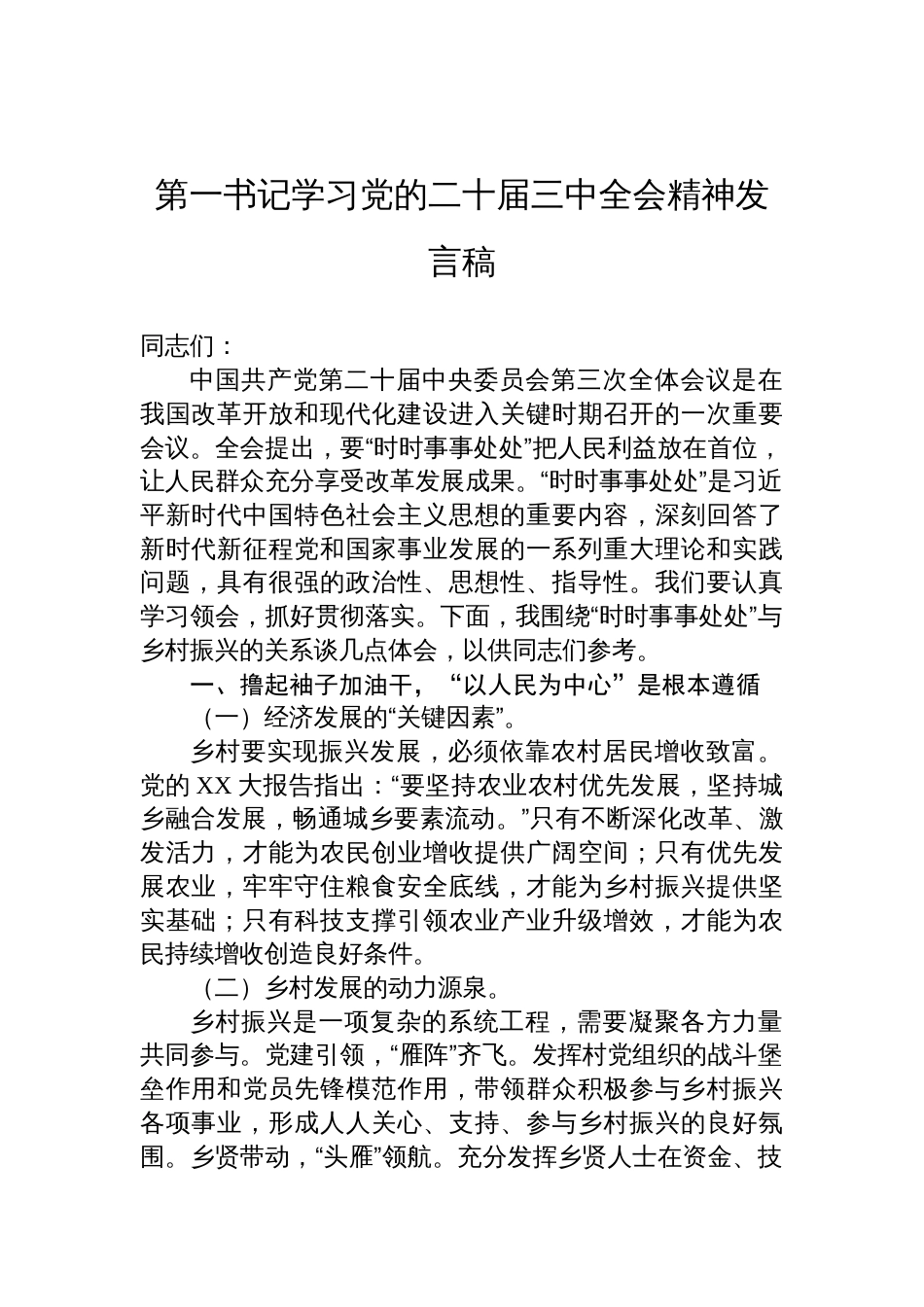 第一书记学习党的二十届三中全会精神发言稿_第1页