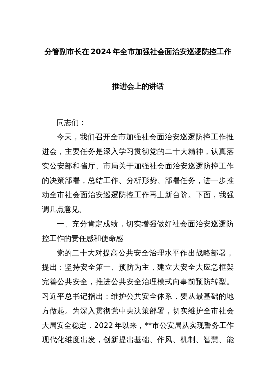 分管副市长在2024年全市加强社会面治安巡逻防控工作推进会上的讲话_第1页