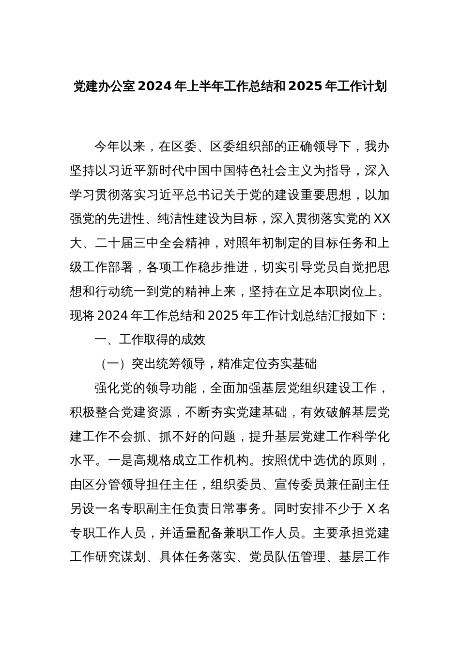 党建办公室2024年上半年工作总结和2025年工作计划_第1页