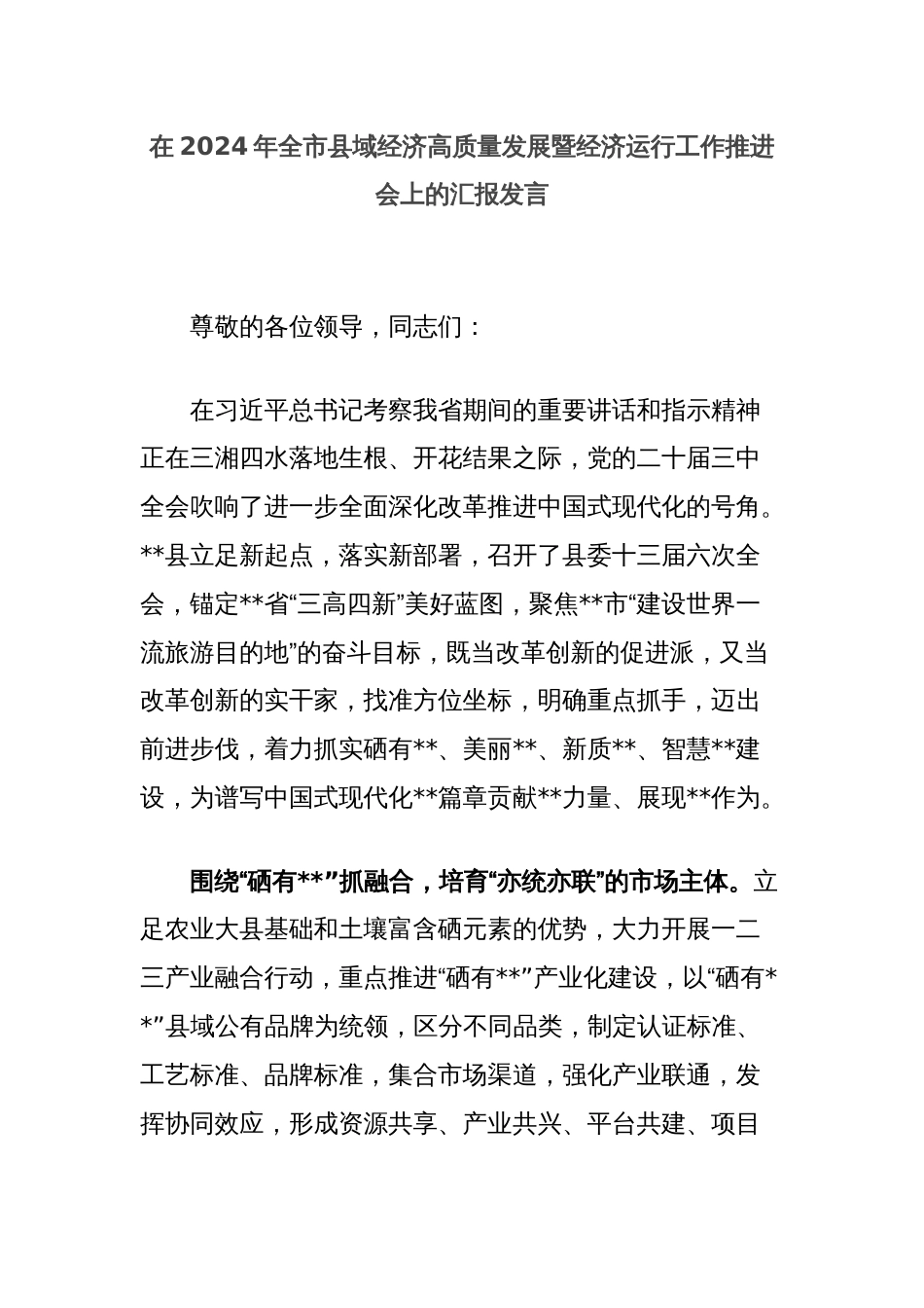 在2024年全市县域经济高质量发展暨经济运行工作推进会上的汇报发言_第1页