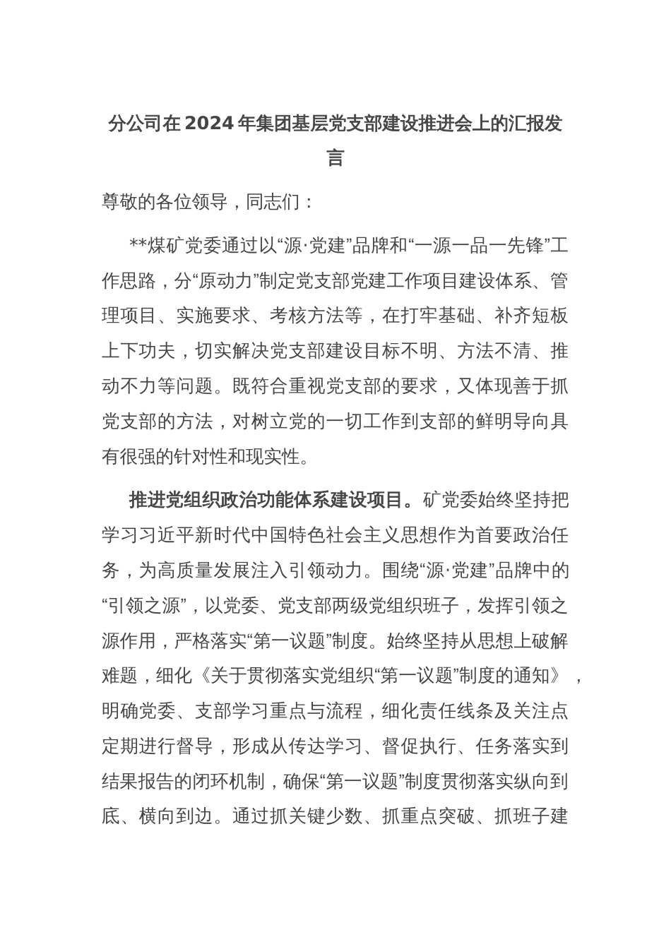 分公司在2024年集团基层党支部建设推进会上的汇报发言_第1页