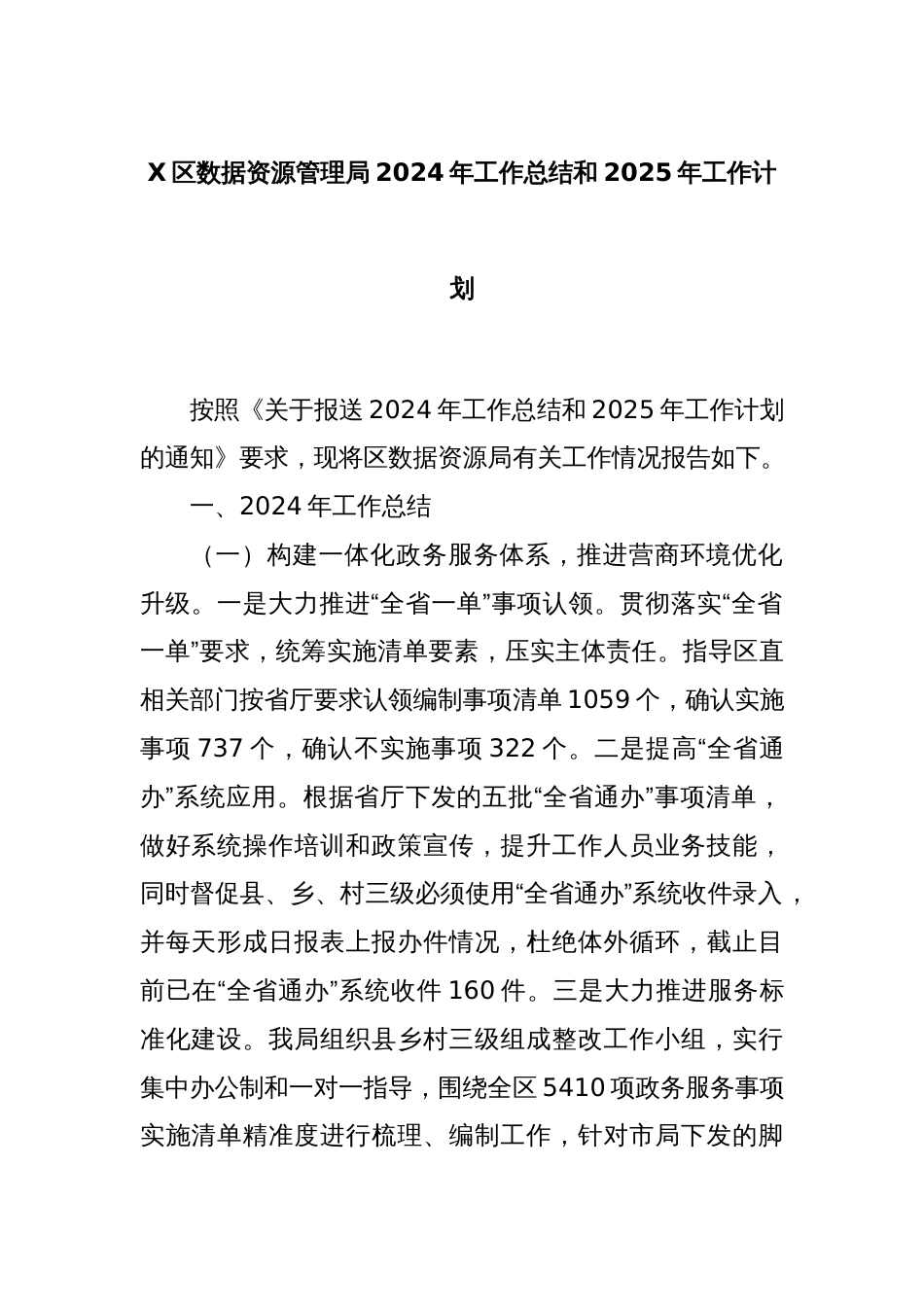 X区数据资源管理局2024年工作总结和2025年工作计划_第1页