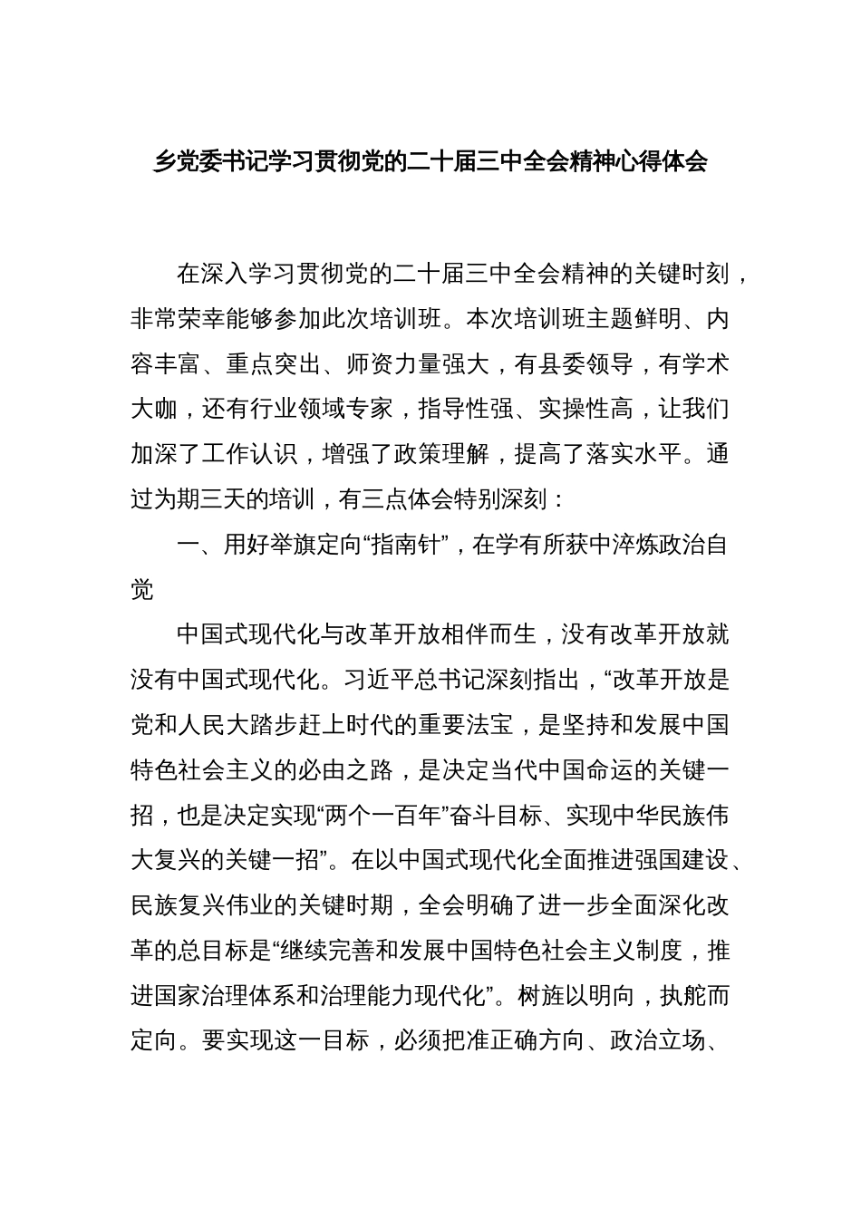 乡党委书记学习贯彻党的二十届三中全会精神心得体会_第1页