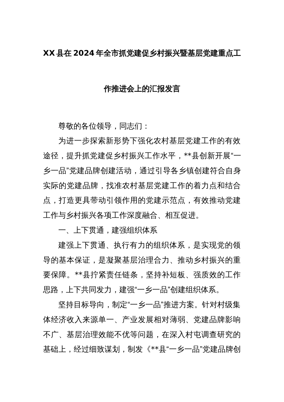 XX县在2024年全市抓党建促乡村振兴暨基层党建重点工作推进会上的汇报发言_第1页