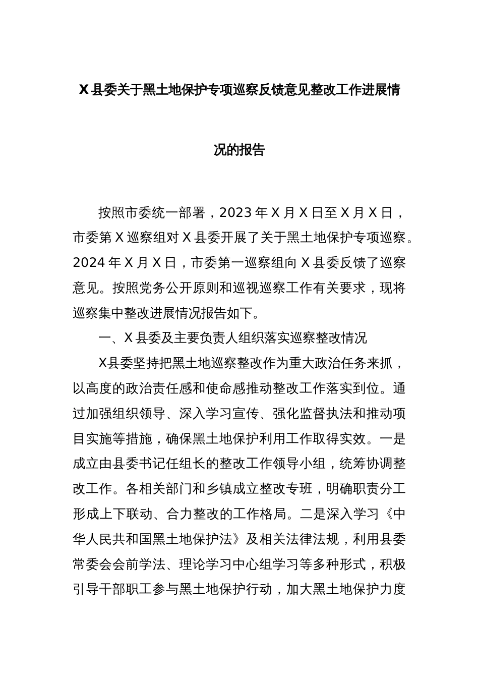 X县委关于黑土地保护专项巡察反馈意见整改工作进展情况的报告_第1页