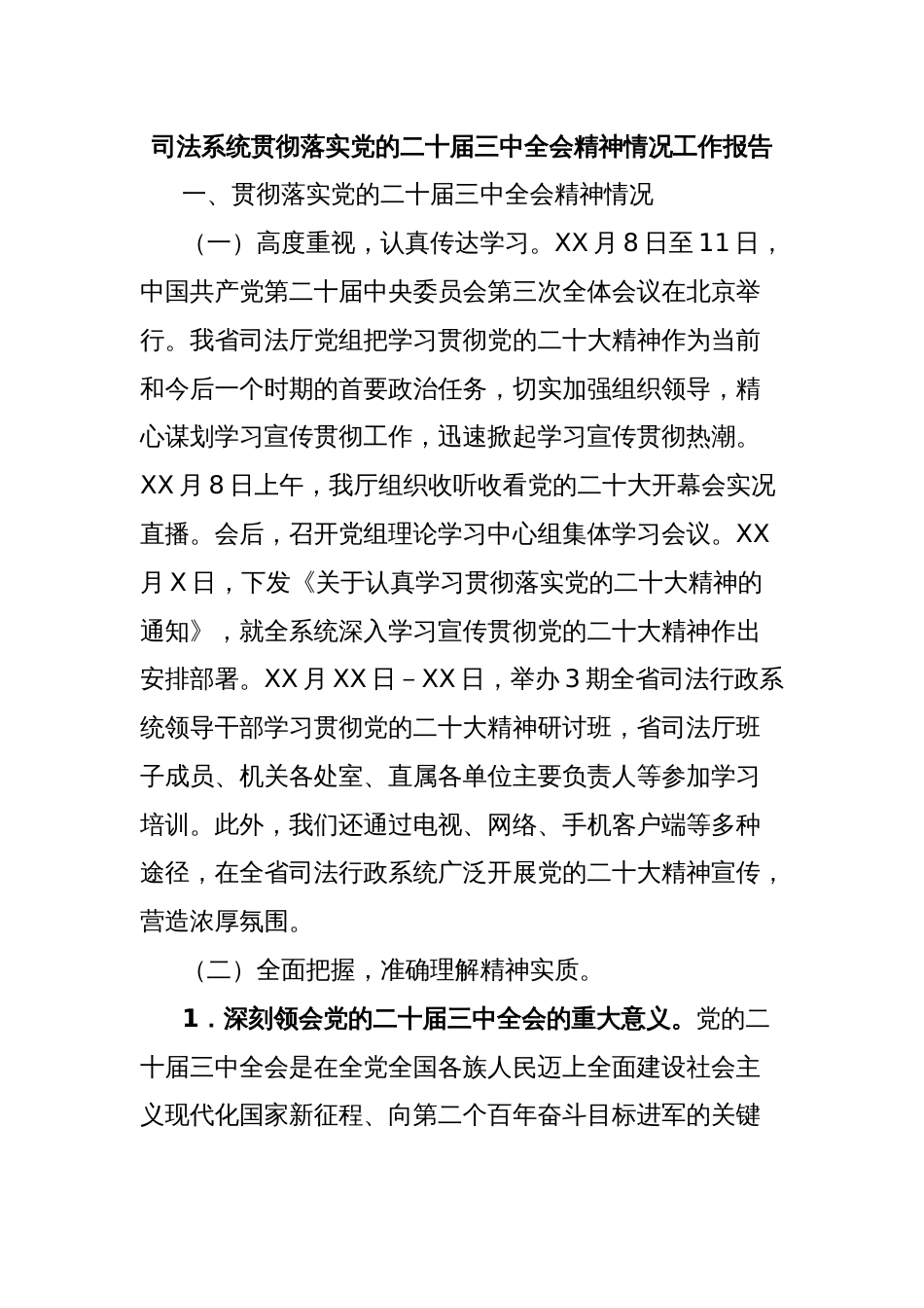 司法系统贯彻落实党的二十届三中全会精神情况工作报告_第1页