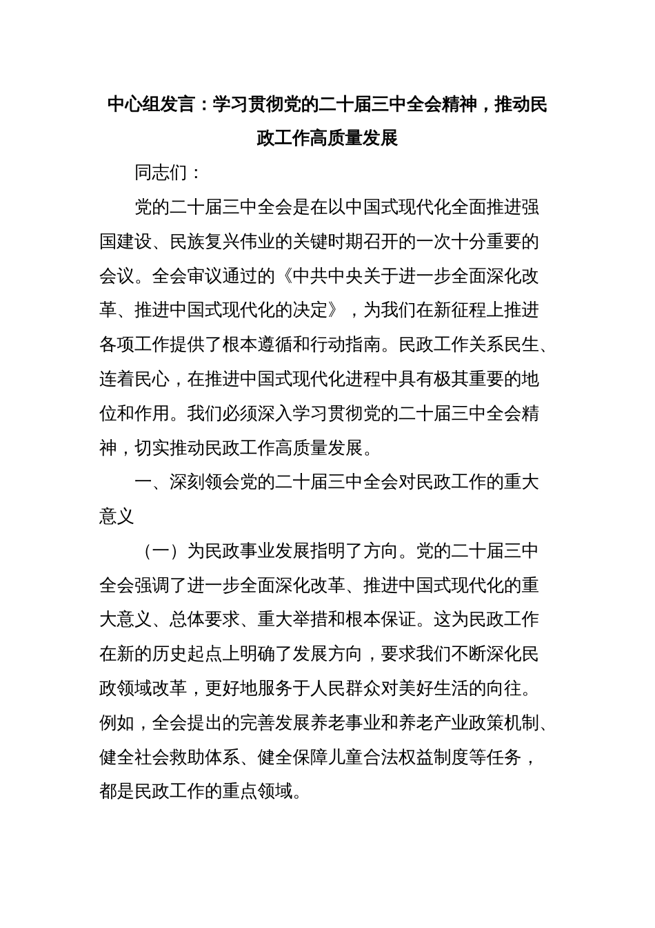 中心组发言：学习贯彻党的二十届三中全会精神，推动民政工作高质量发展_第1页