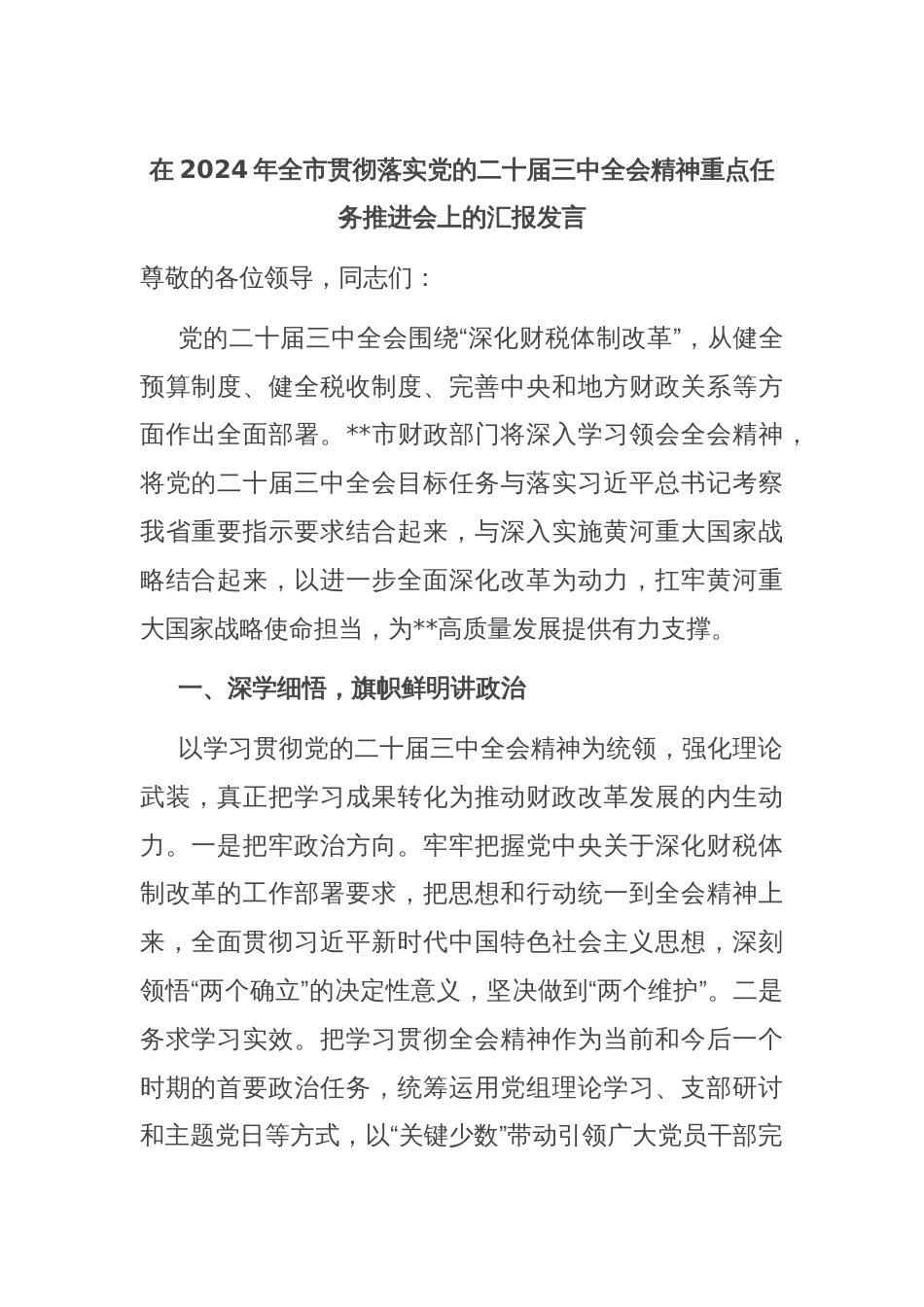 在2024年全市贯彻落实党的二十届三中全会精神重点任务推进会上的汇报发言_第1页