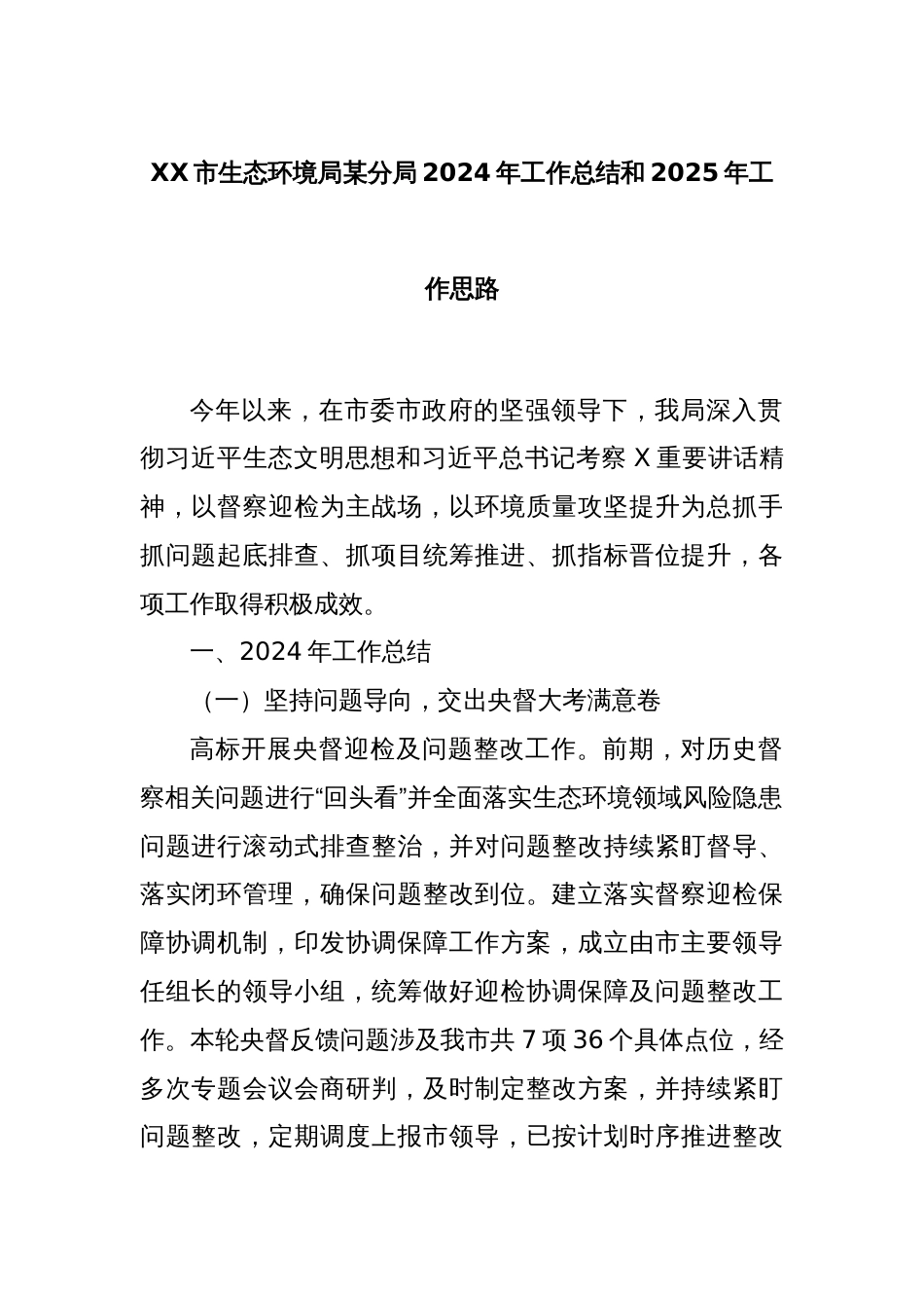 XX市生态环境局某分局2024年工作总结和2025年工作思路_第1页