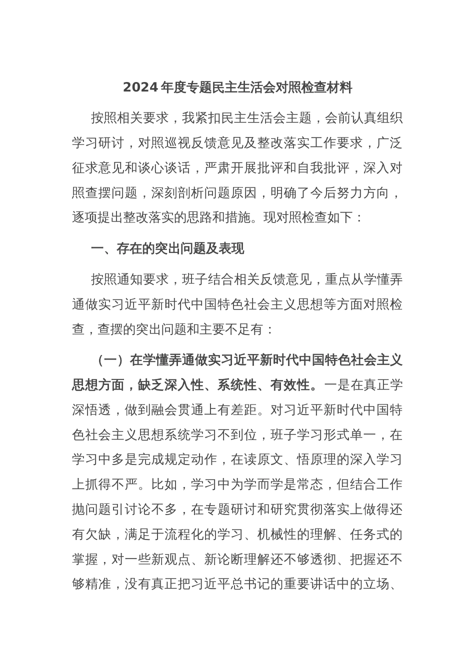 2024年度专题民主生活会对照检查材料_第1页
