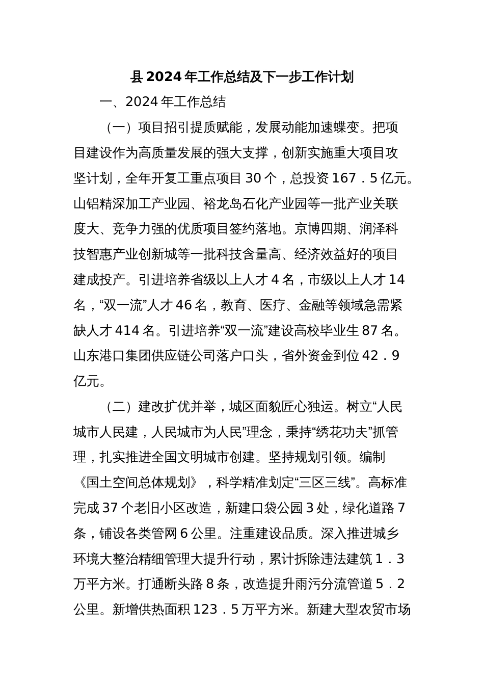 县2024年工作总结及下一步工作计划_第1页