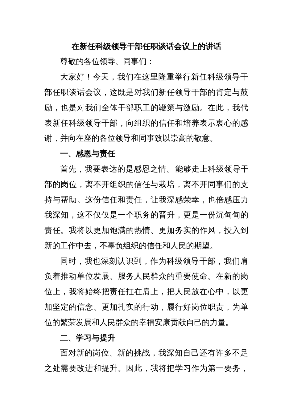 在新任科级领导干部任职谈话会议上的讲话_第1页