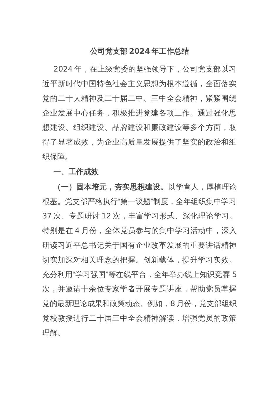 公司党支部2024年工作总结_第1页