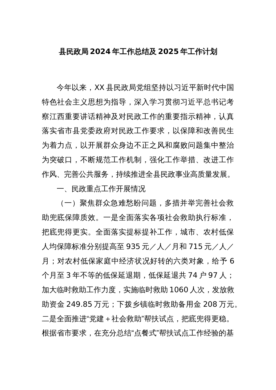 县民政局2024年工作总结及2025年工作计划_第1页