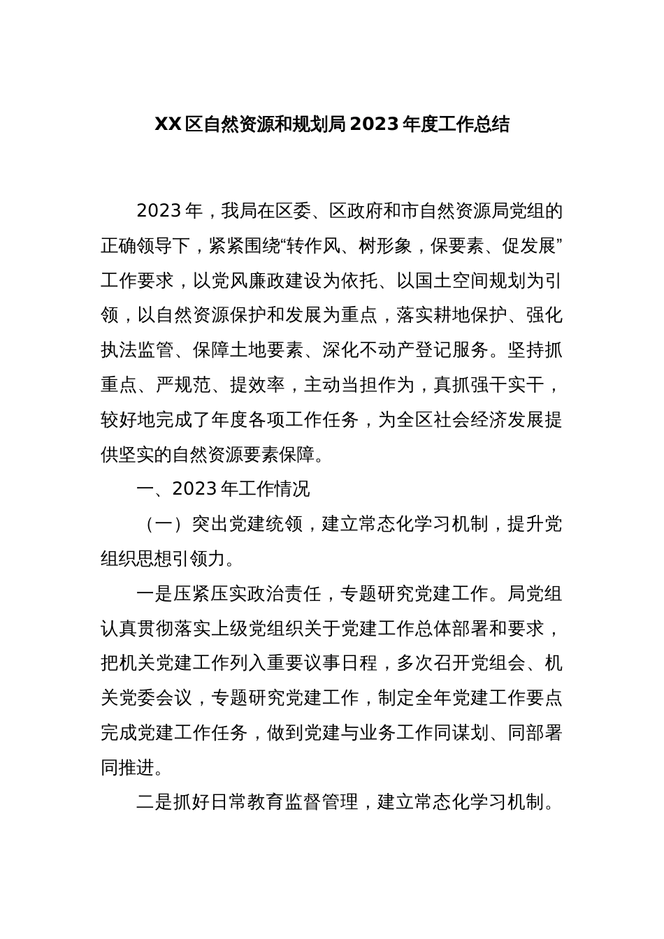 XX区自然资源和规划局2023年度工作总结_第1页