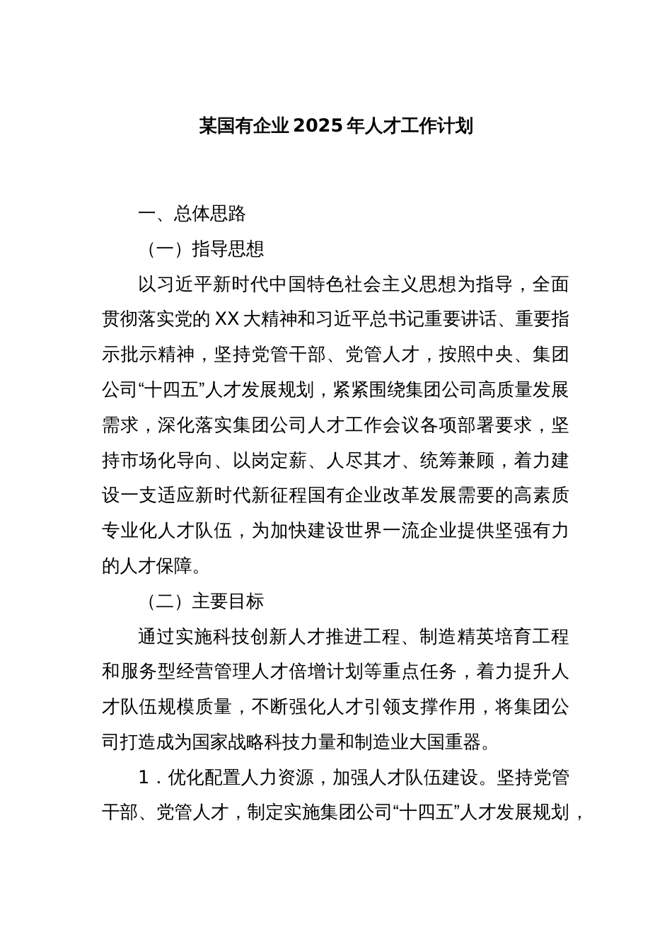 某国有企业2025年人才工作计划_第1页