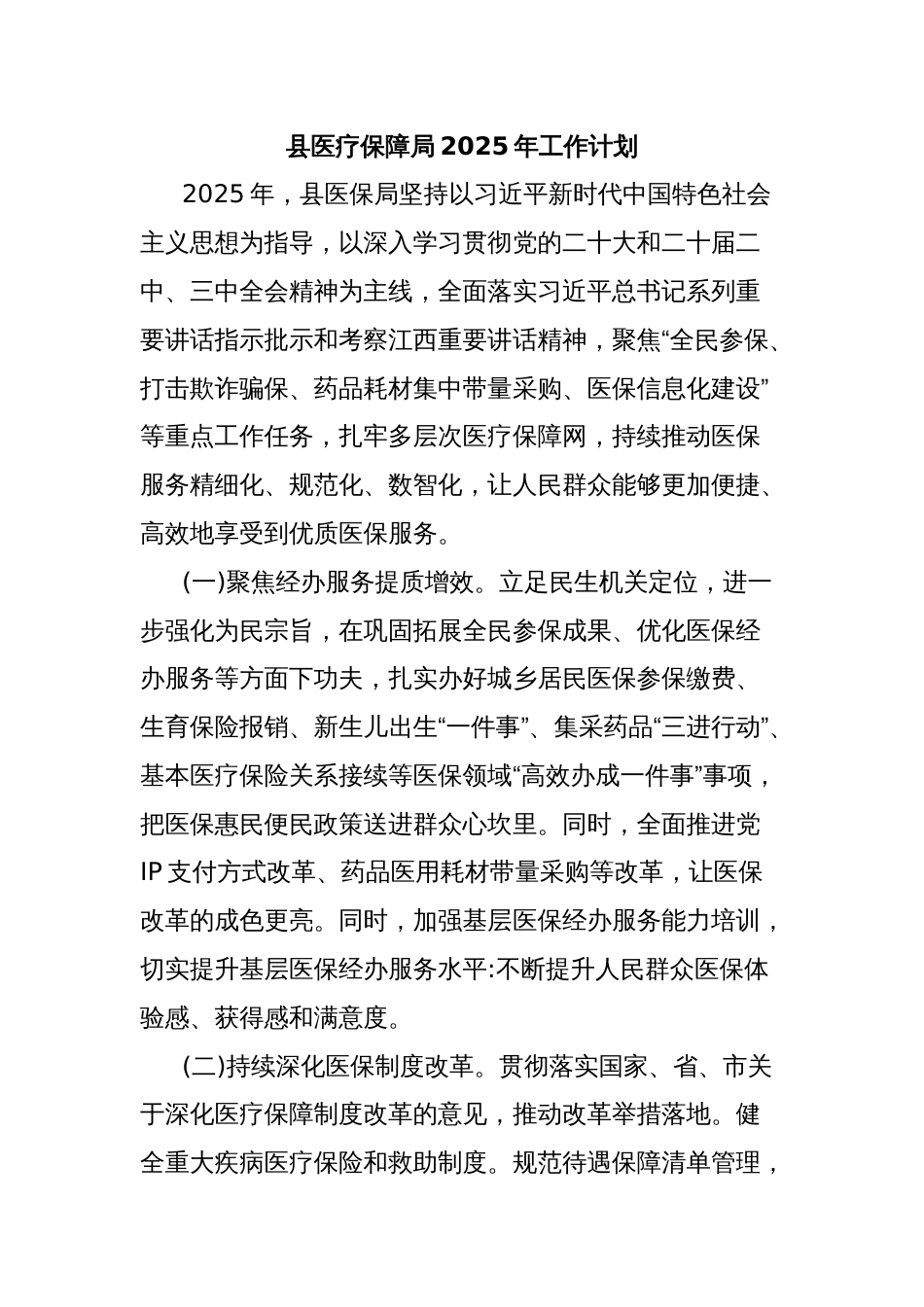 县医疗保障局2025年工作计划_第1页
