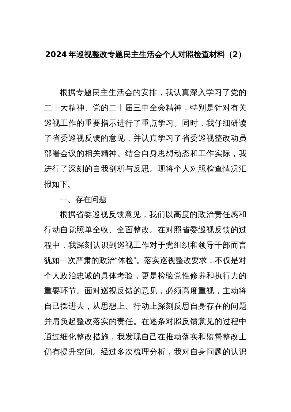2024年巡视整改专题民主生活会个人对照检查材料（2）_第1页