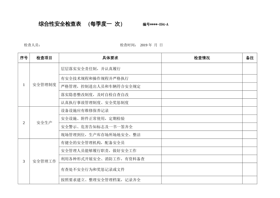 安全检查表精简版（综合、车间、仓库、电气、防火防爆消防、季节、节假日）_第1页