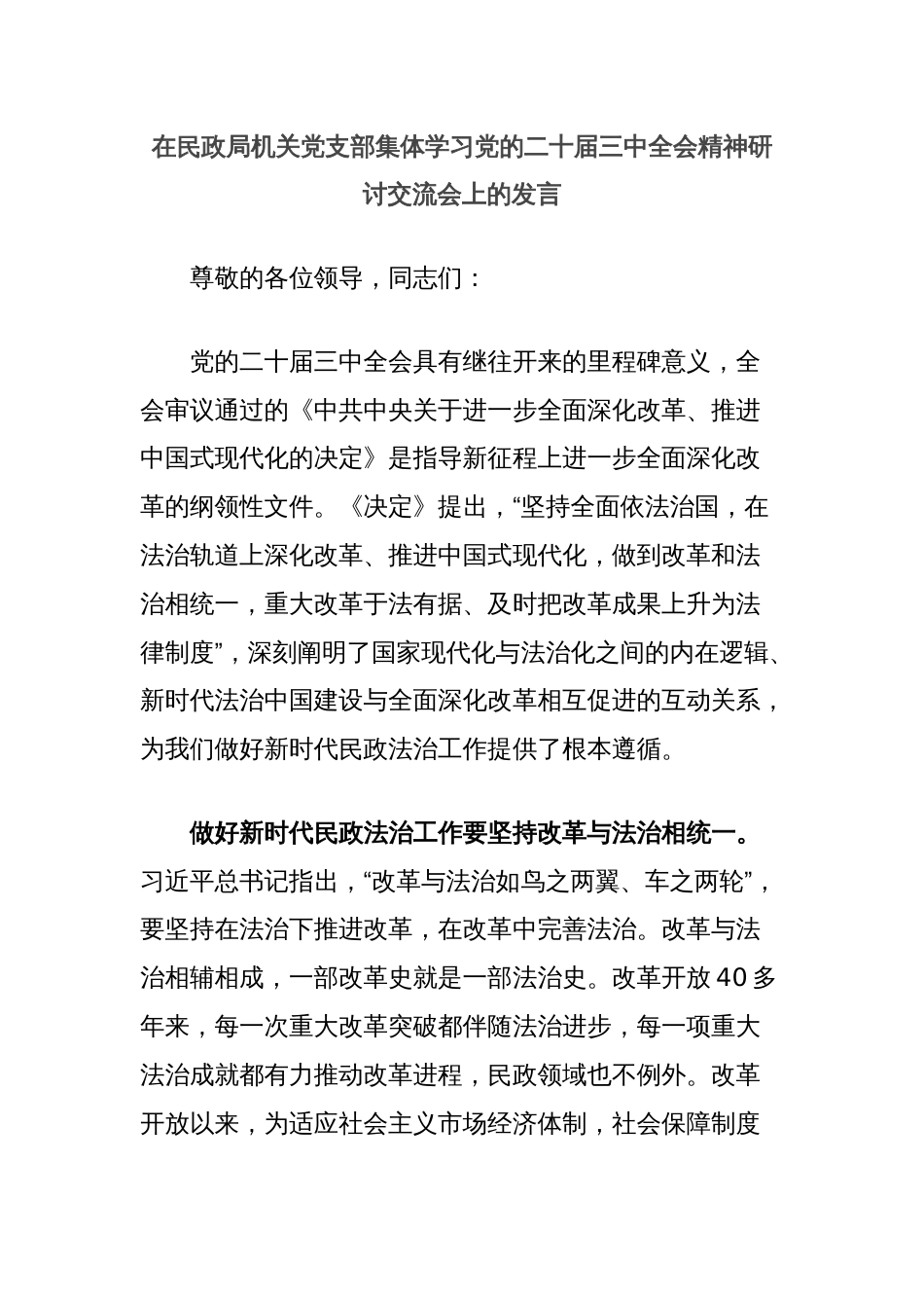 在民政局机关党支部集体学习党的二十届三中全会精神研讨交流会上的发言_第1页