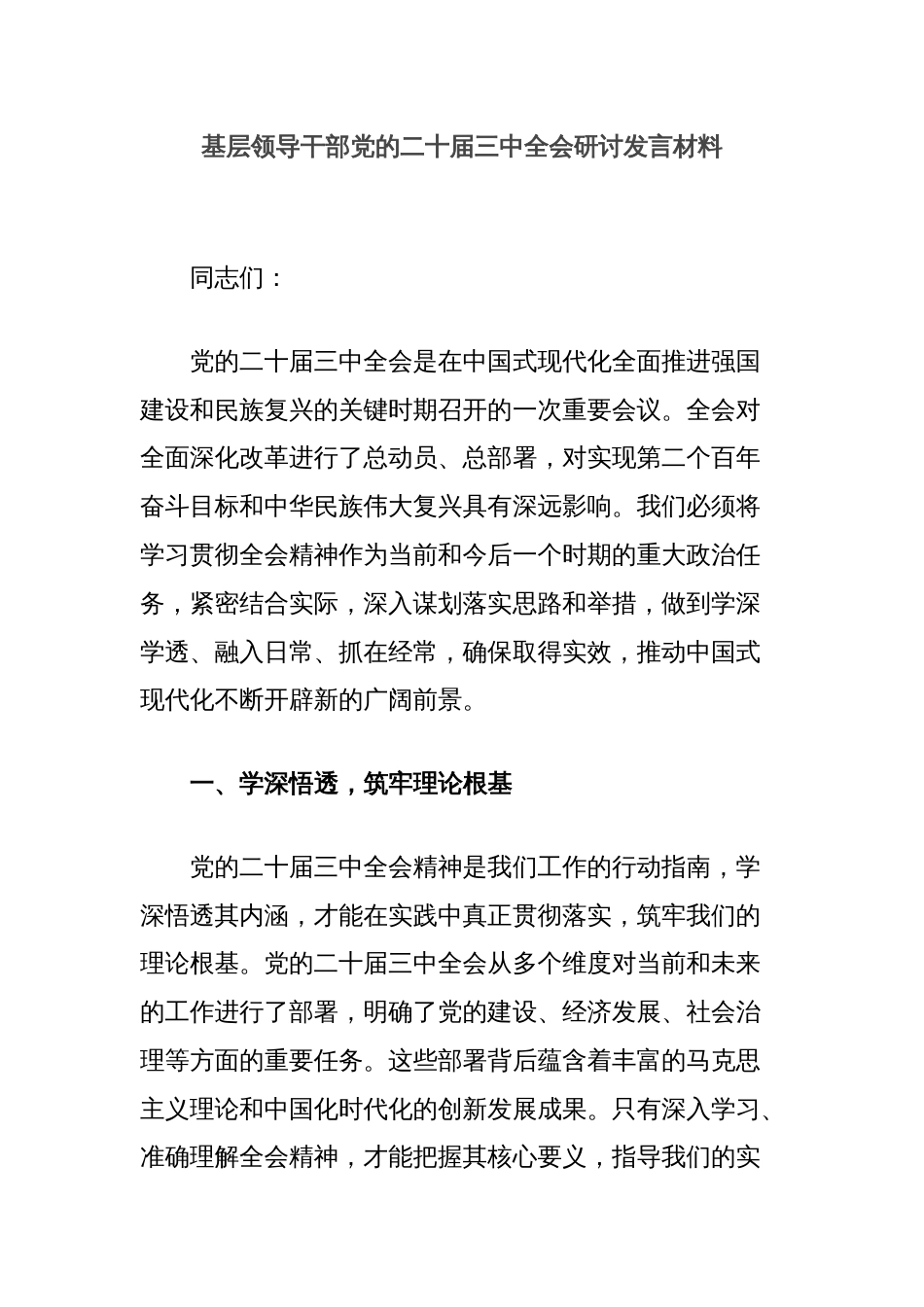 基层领导干部党的二十届三中全会研讨发言材料_第1页
