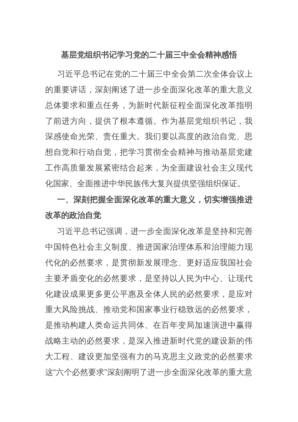 基层党组织书记学习党的二十届三中全会精神感悟_第1页