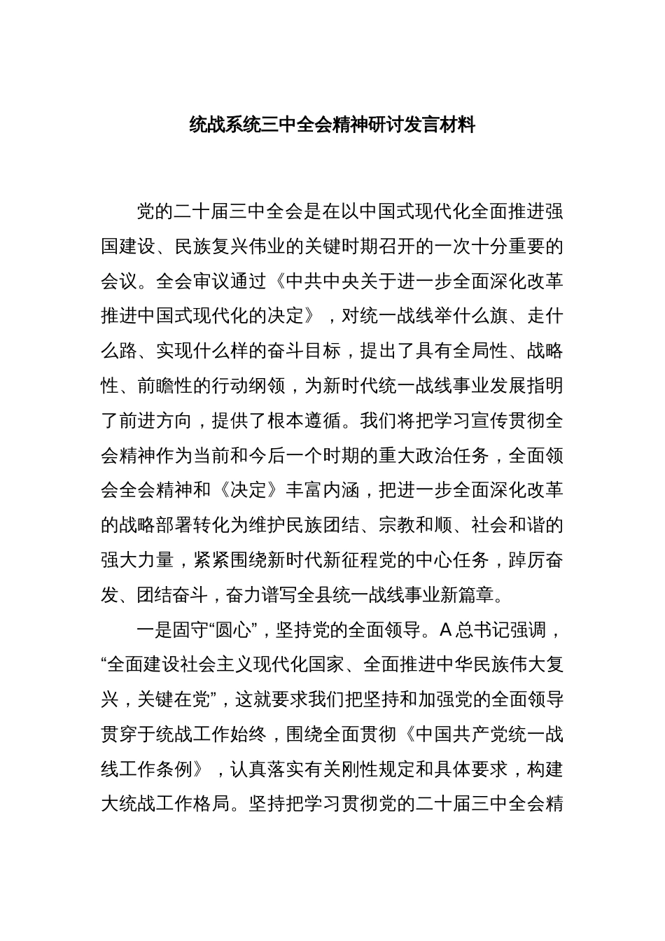 统战系统三中全会精神研讨发言材料_第1页