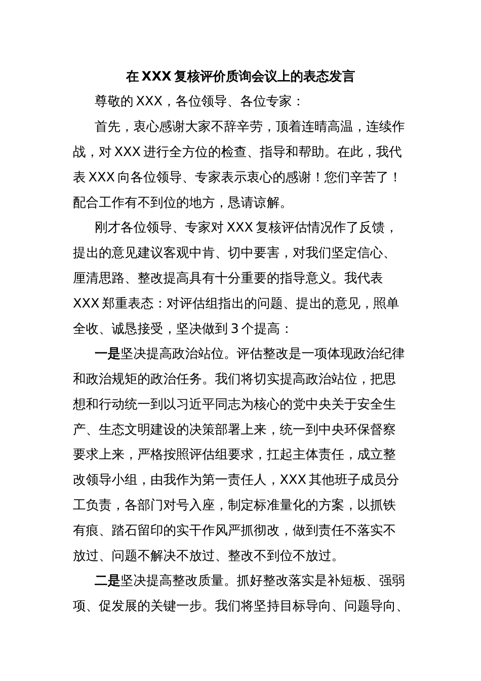 在XXX复核评价质询会议上的表态发言_第1页