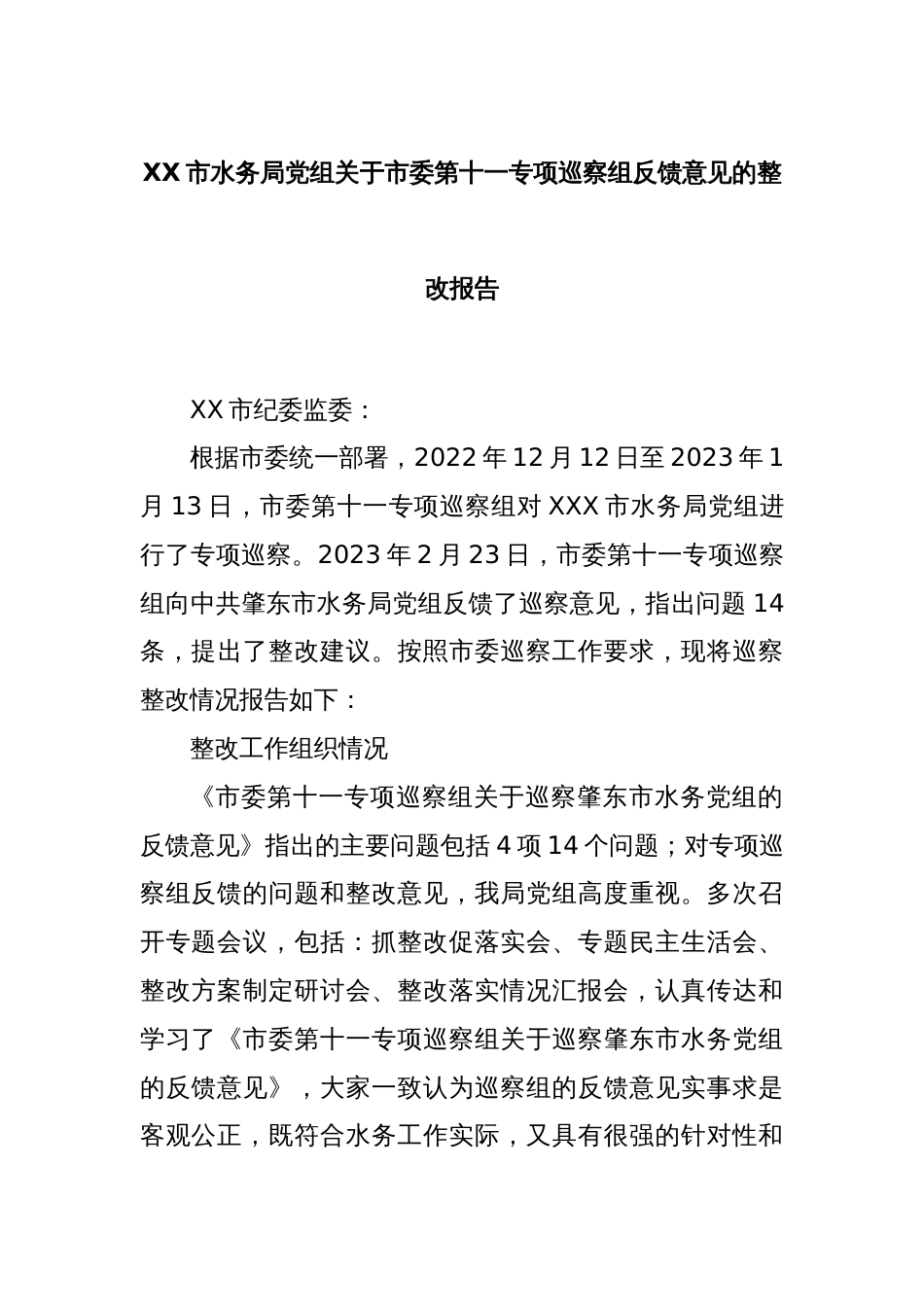 XX市水务局党组关于市委第十一专项巡察组反馈意见的整改报告_第1页