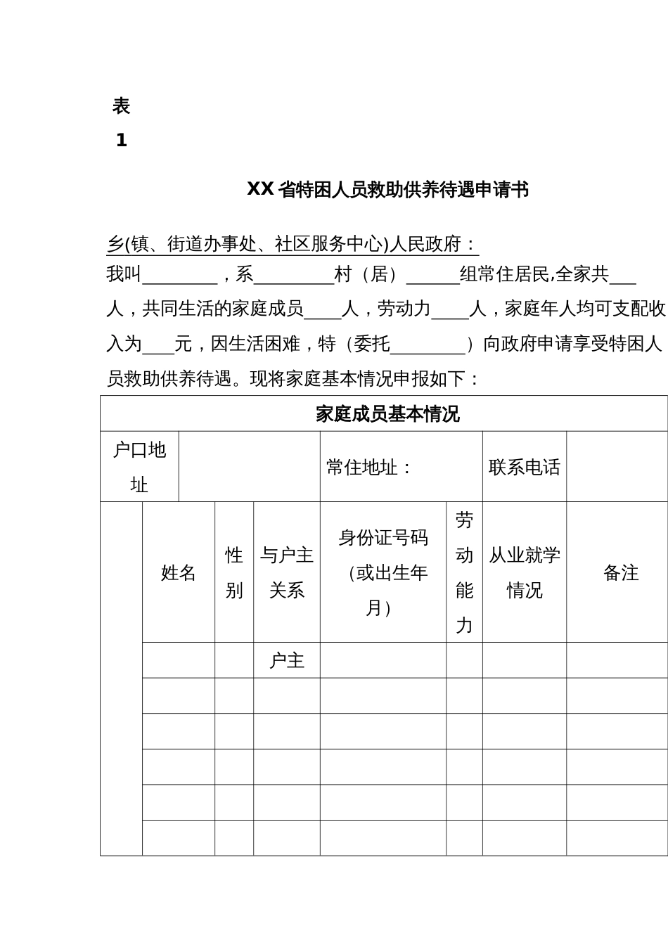 XX省特困人员救助供养待遇申请书_第1页