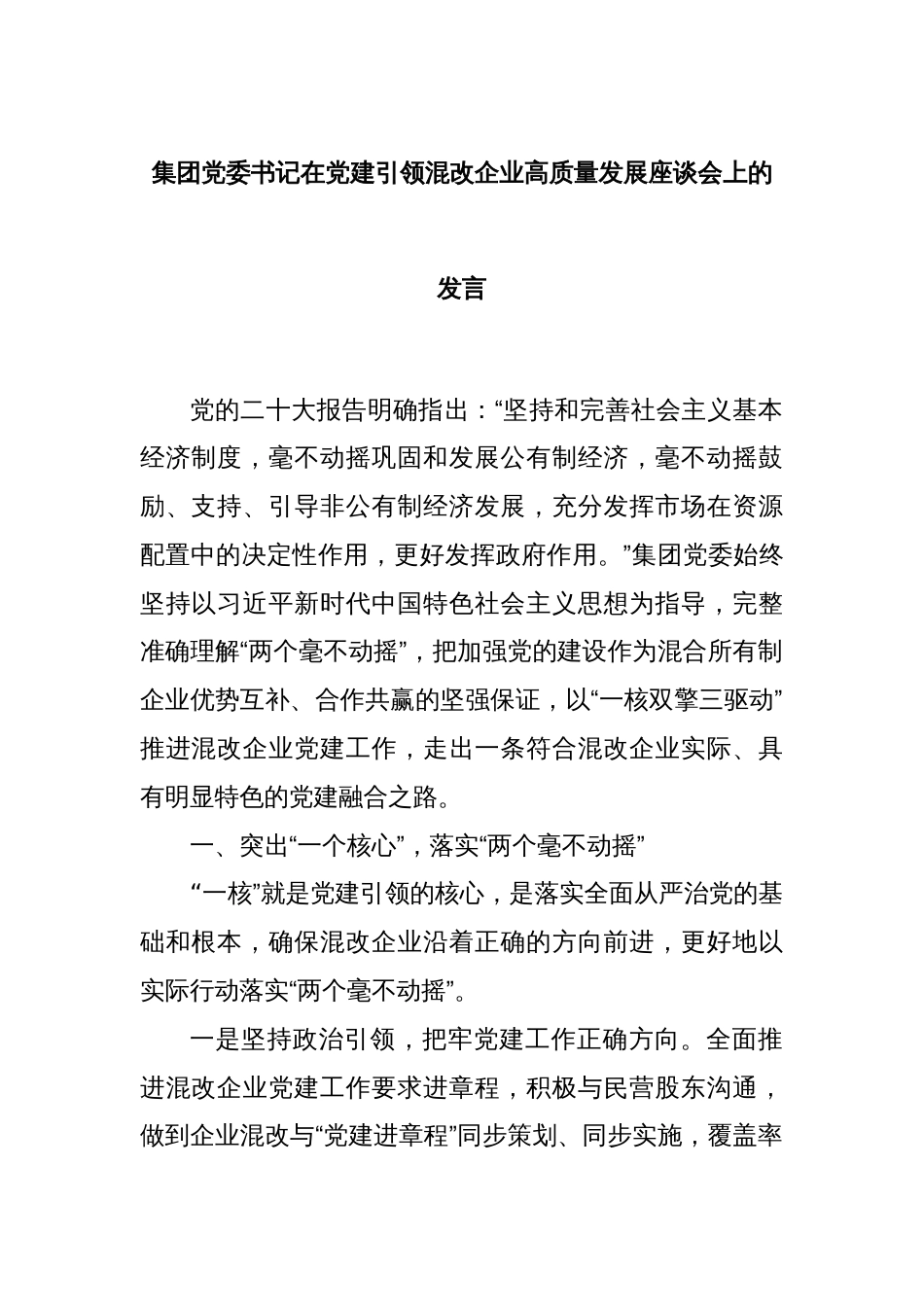 集团党委书记在党建引领混改企业高质量发展座谈会上的发言_第1页