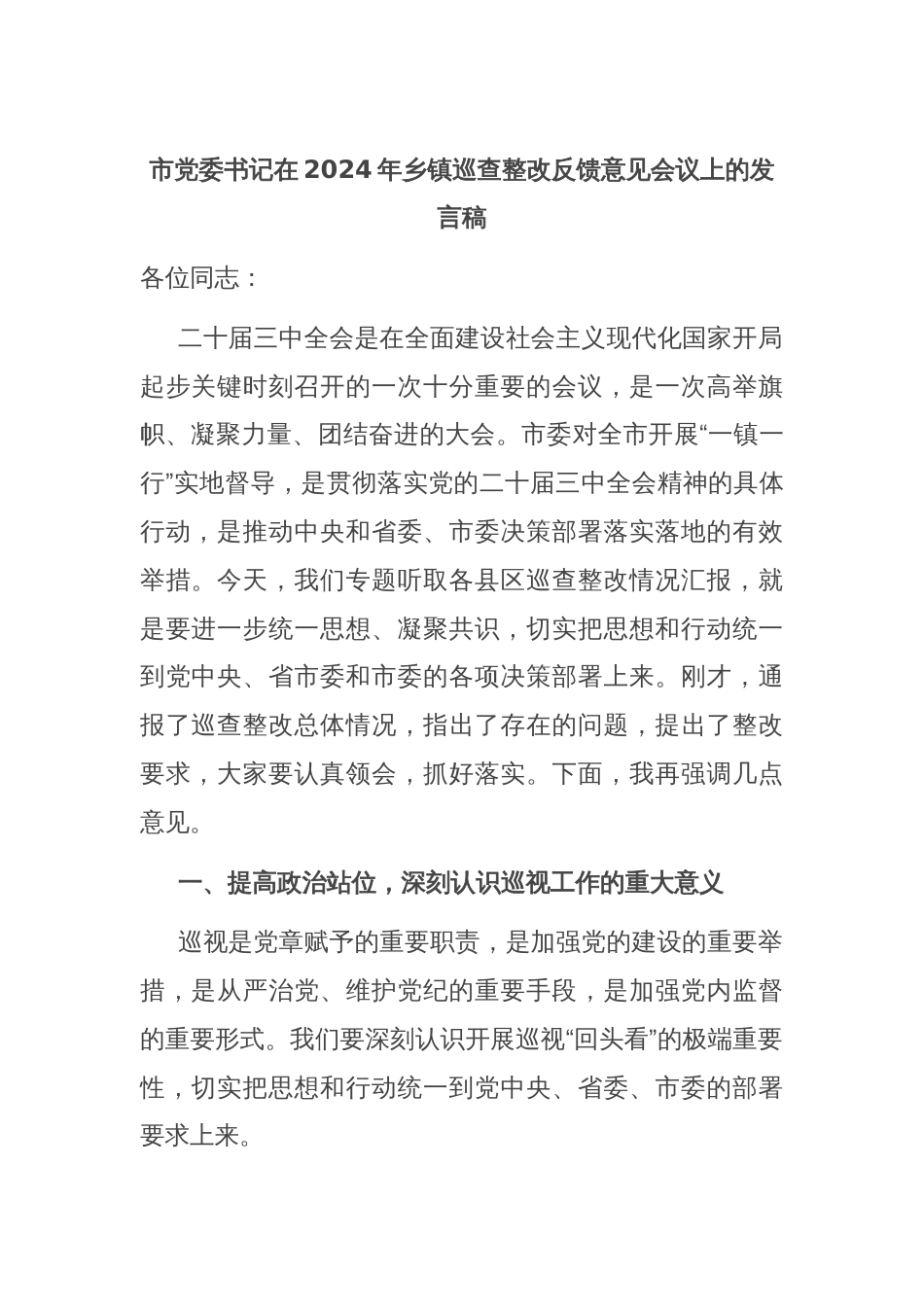 市党委书记在2024年乡镇巡查整改反馈意见会议上的发言稿_第1页