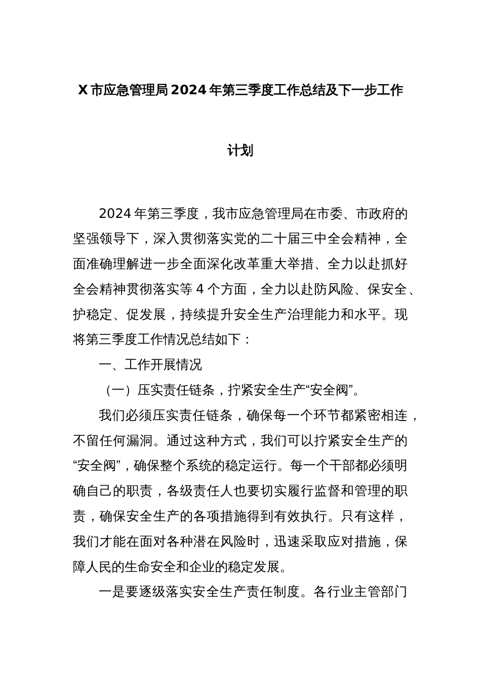 X市应急管理局2024年第三季度工作总结及下一步工作计划_第1页