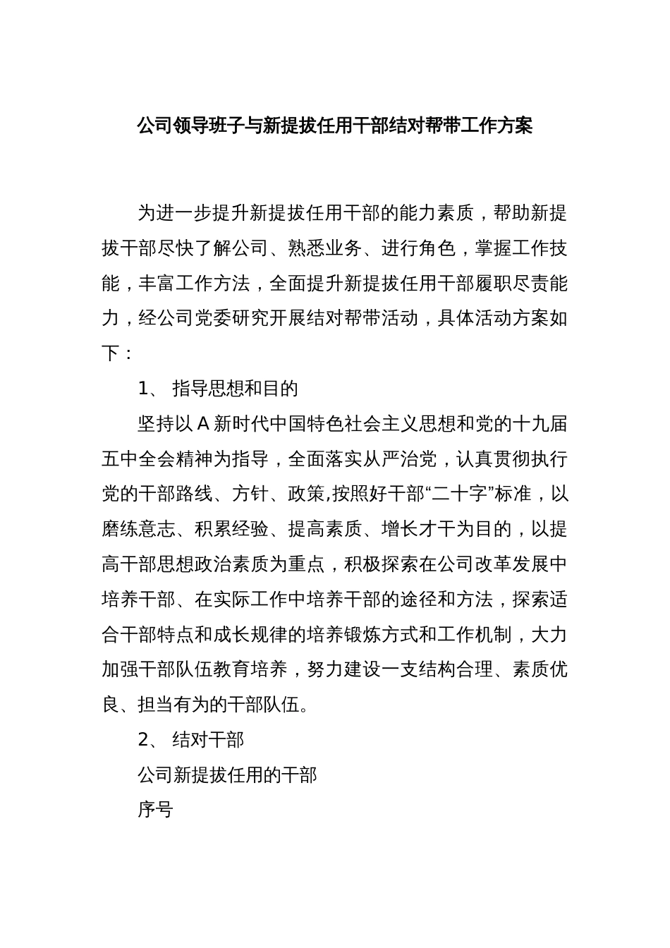 公司领导班子与新提拔任用干部结对帮带工作方案_第1页