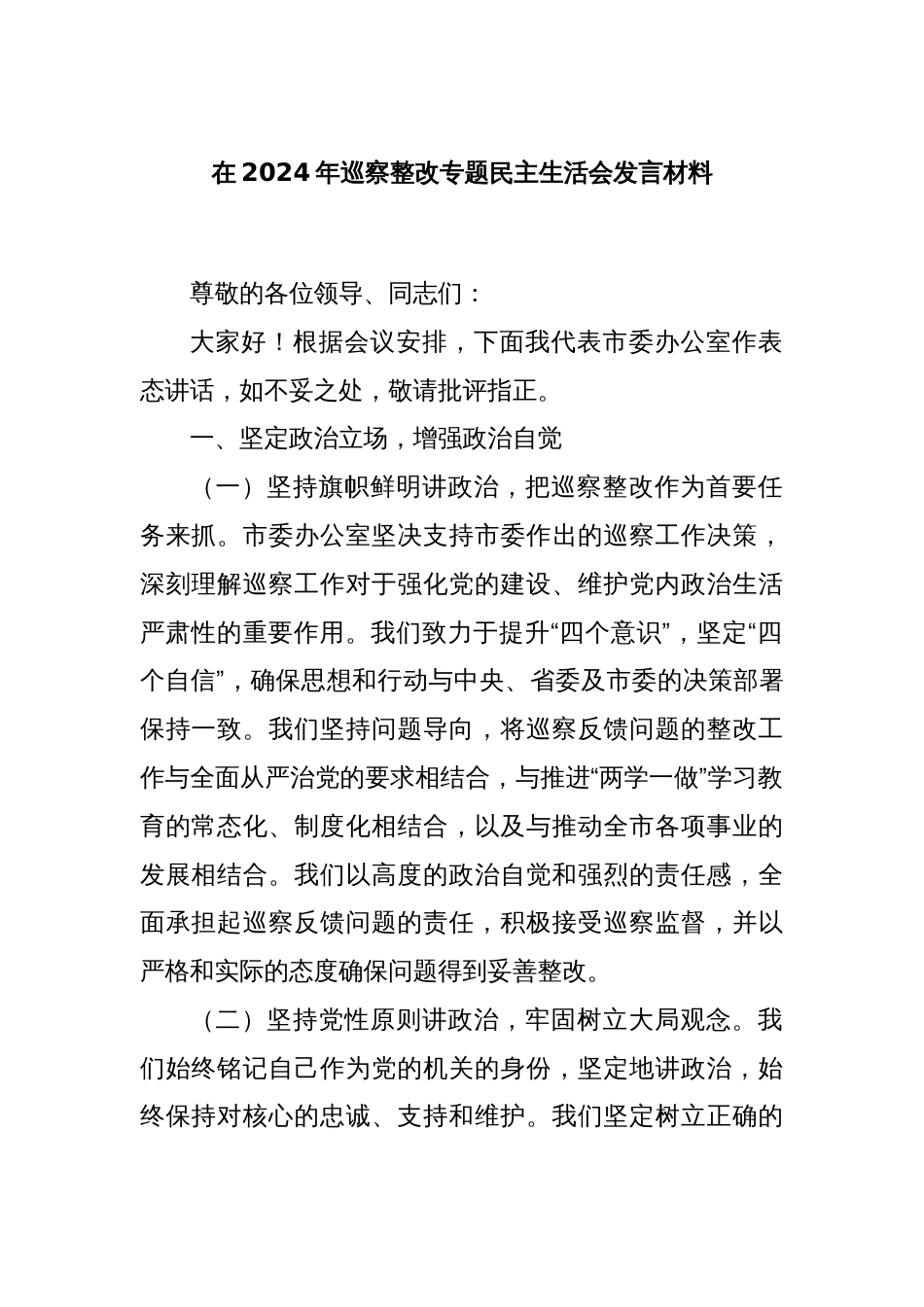 在2024年巡察整改专题民主生活会发言材料_第1页