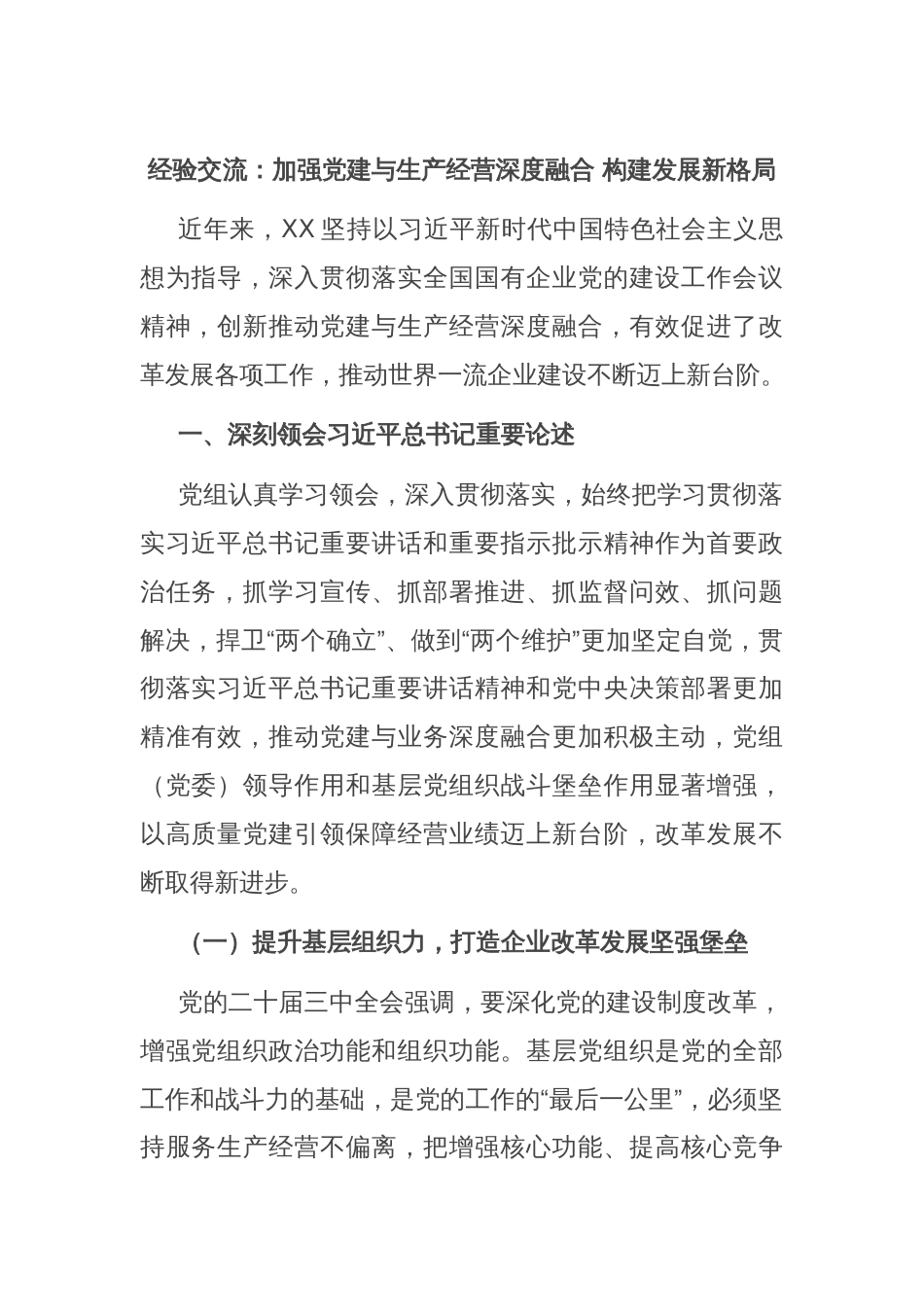 经验交流：加强党建与生产经营深度融合 构建发展新格局_第1页