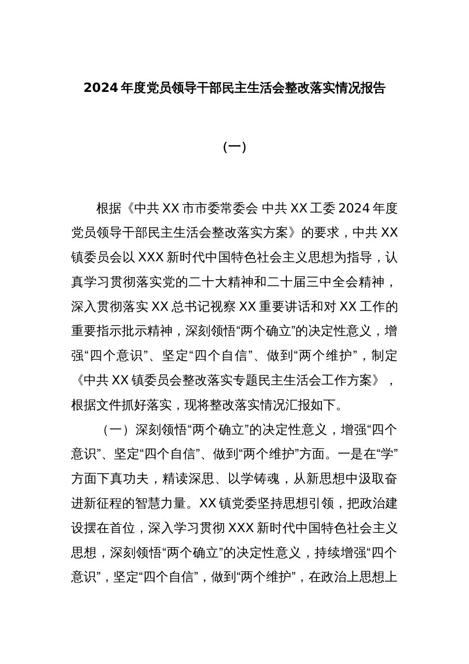 2024年度党员领导干部民主生活会整改落实情况报告（一）_第1页