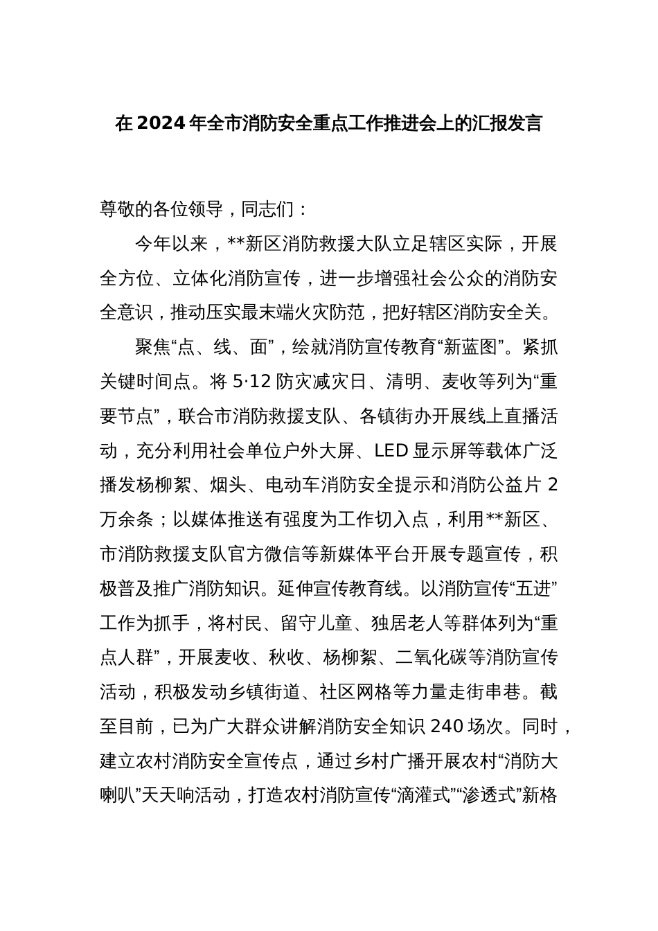 在2024年全市消防安全重点工作推进会上的汇报发言_第1页