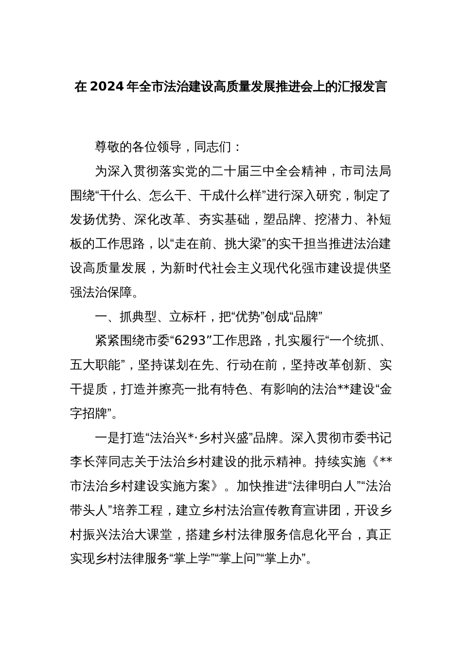 在2024年全市法治建设高质量发展推进会上的汇报发言_第1页