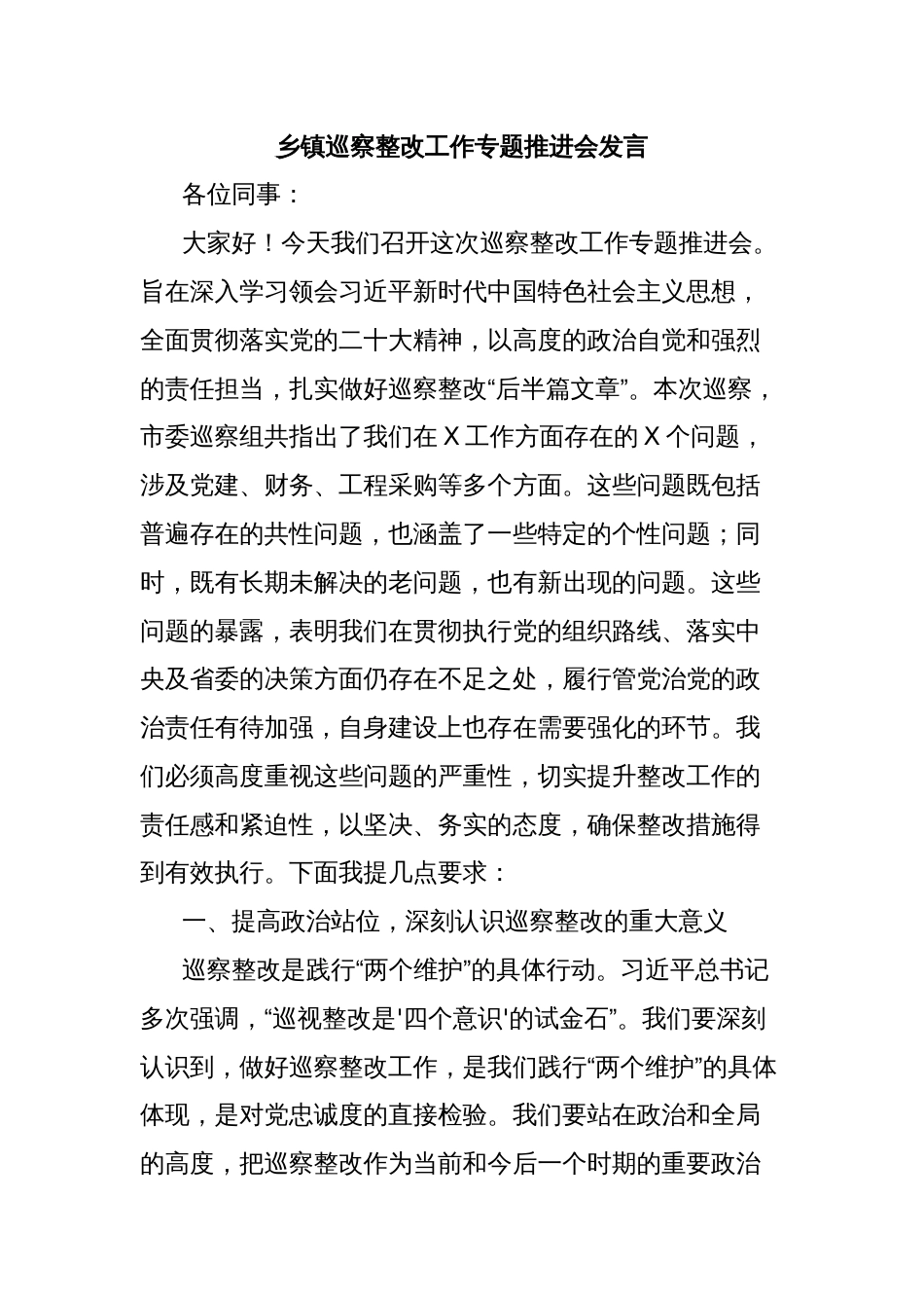 乡镇巡察整改工作专题推进会发言_第1页