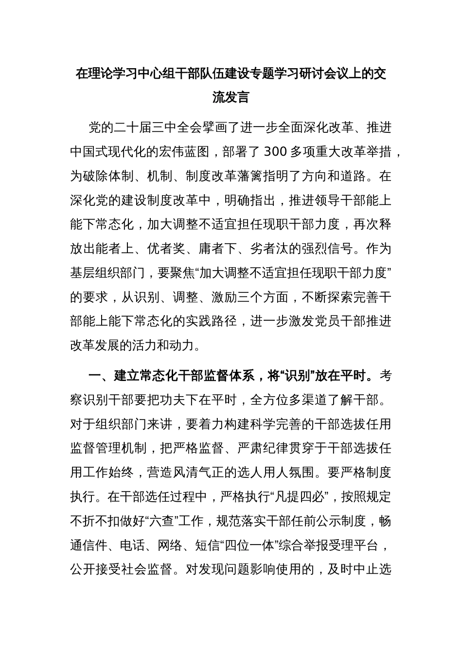 在理论学习中心组干部队伍建设专题学习研讨会议上的交流发言_第1页