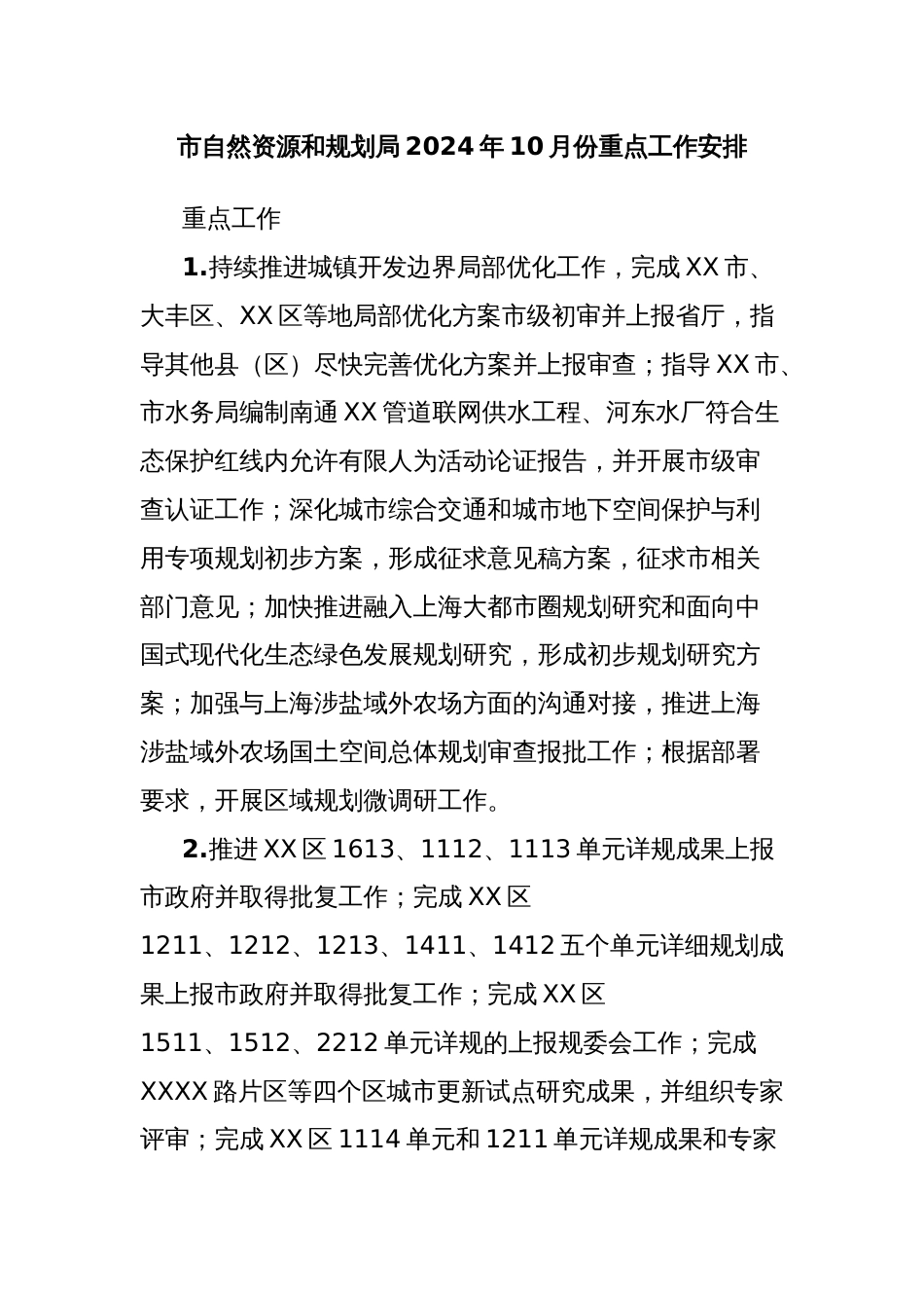 市自然资源和规划局2024年10月份重点工作安排_第1页