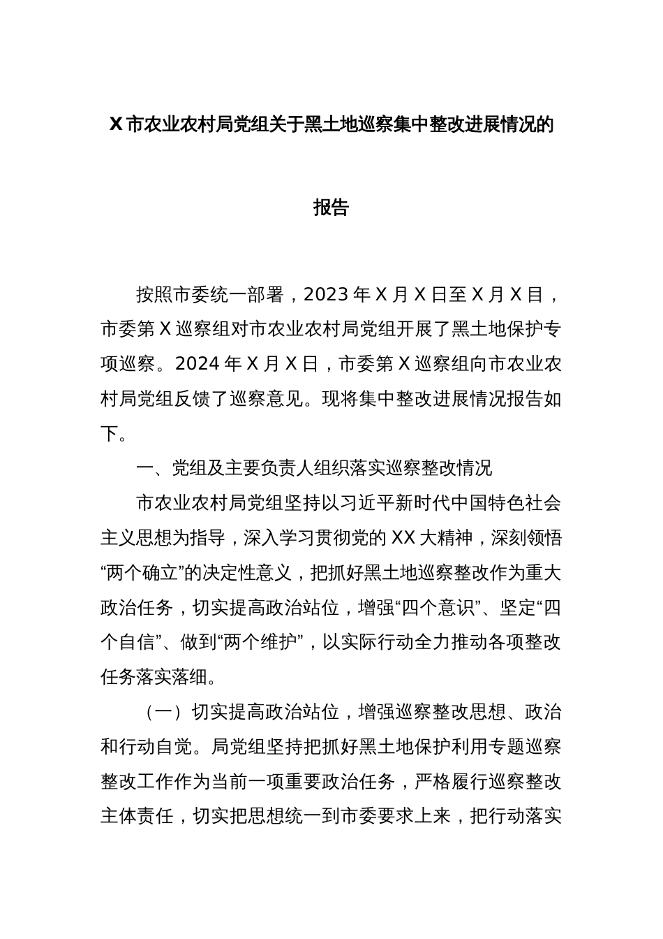 X市农业农村局党组关于黑土地巡察集中整改进展情况的报告_第1页