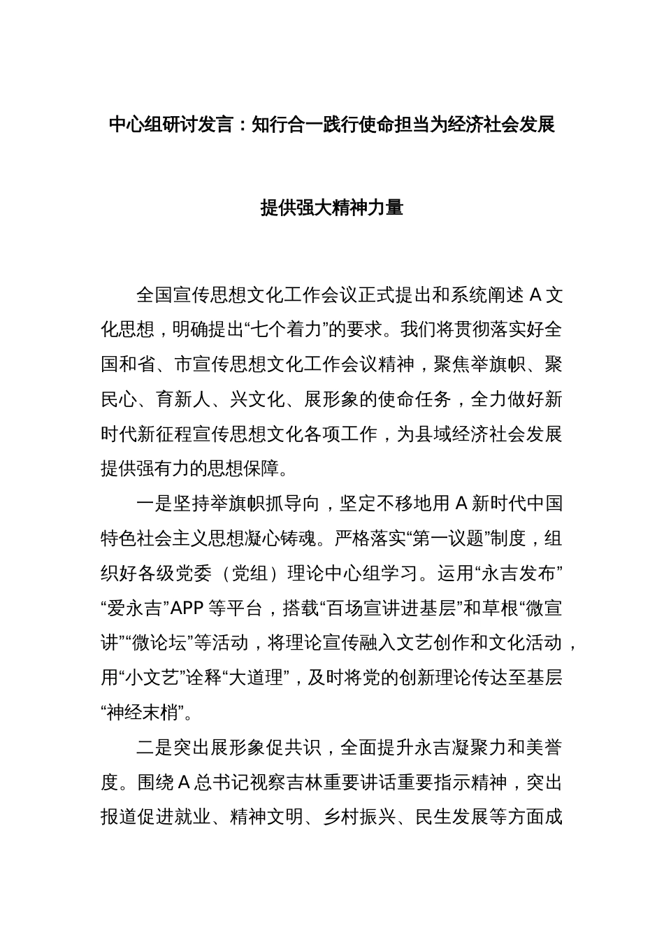 中心组研讨发言：知行合一践行使命担当为经济社会发展提供强大精神力量_第1页