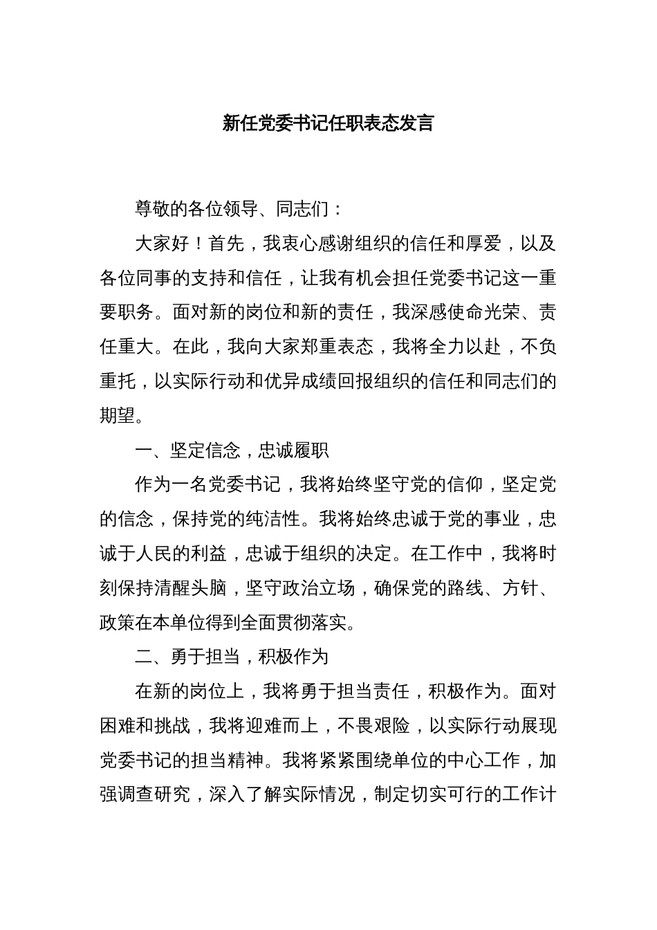 新任党委书记任职表态发言_第1页