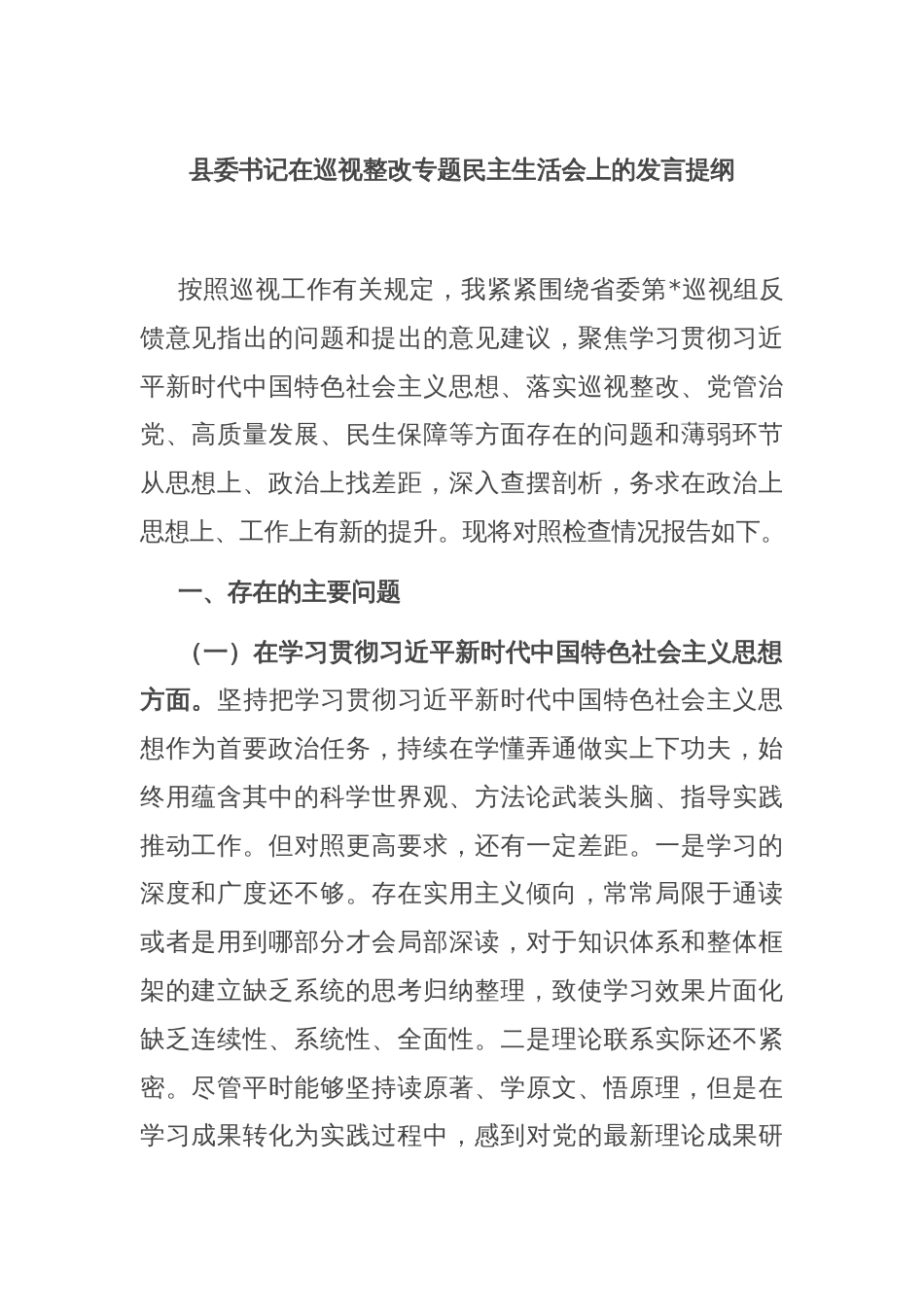 县委书记在巡视整改专题民主生活会上的发言提纲_第1页