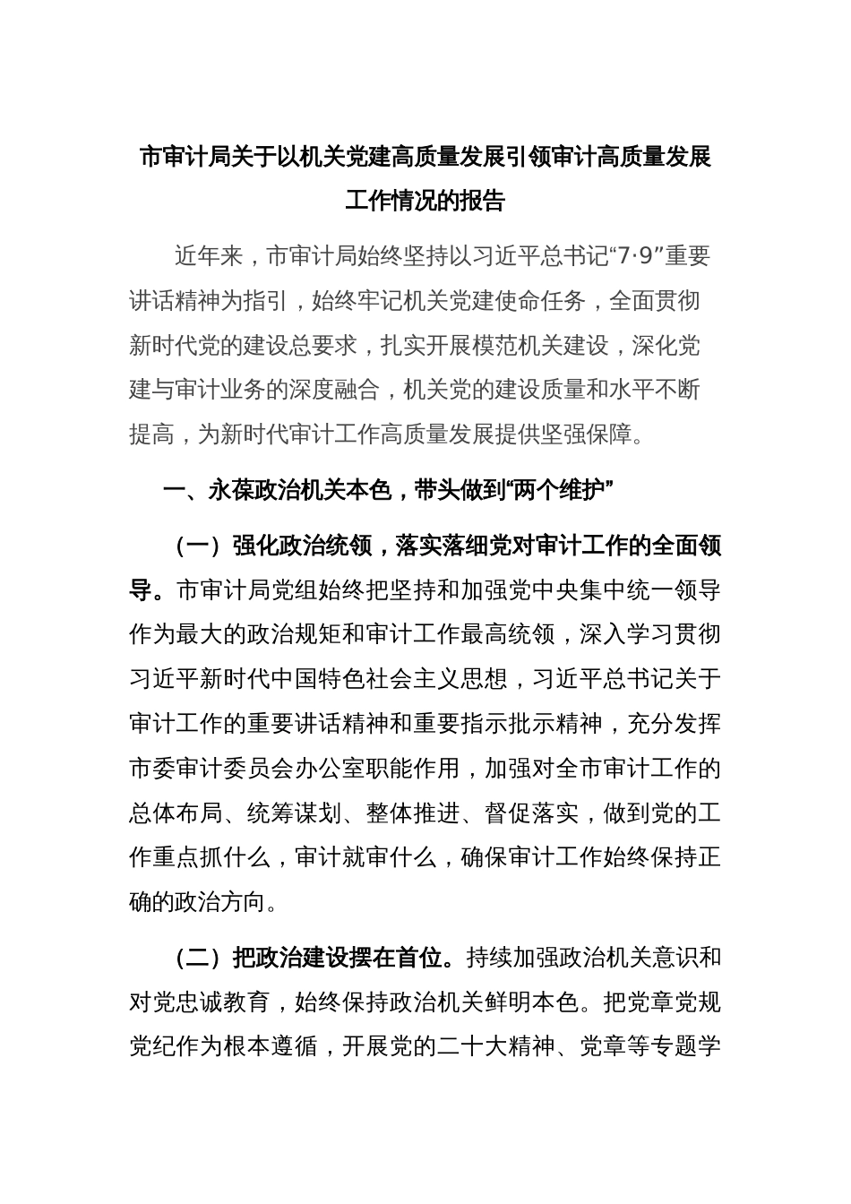 市审计局关于以机关党建高质量发展引领审计高质量发展工作情况的报告_第1页