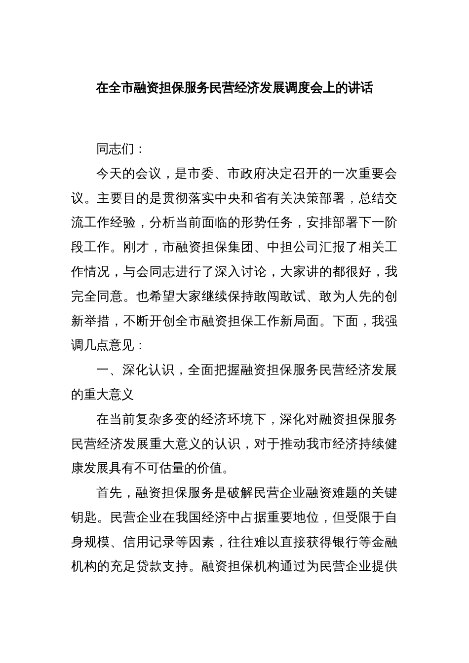 在全市融资担保服务民营经济发展调度会上的讲话_第1页